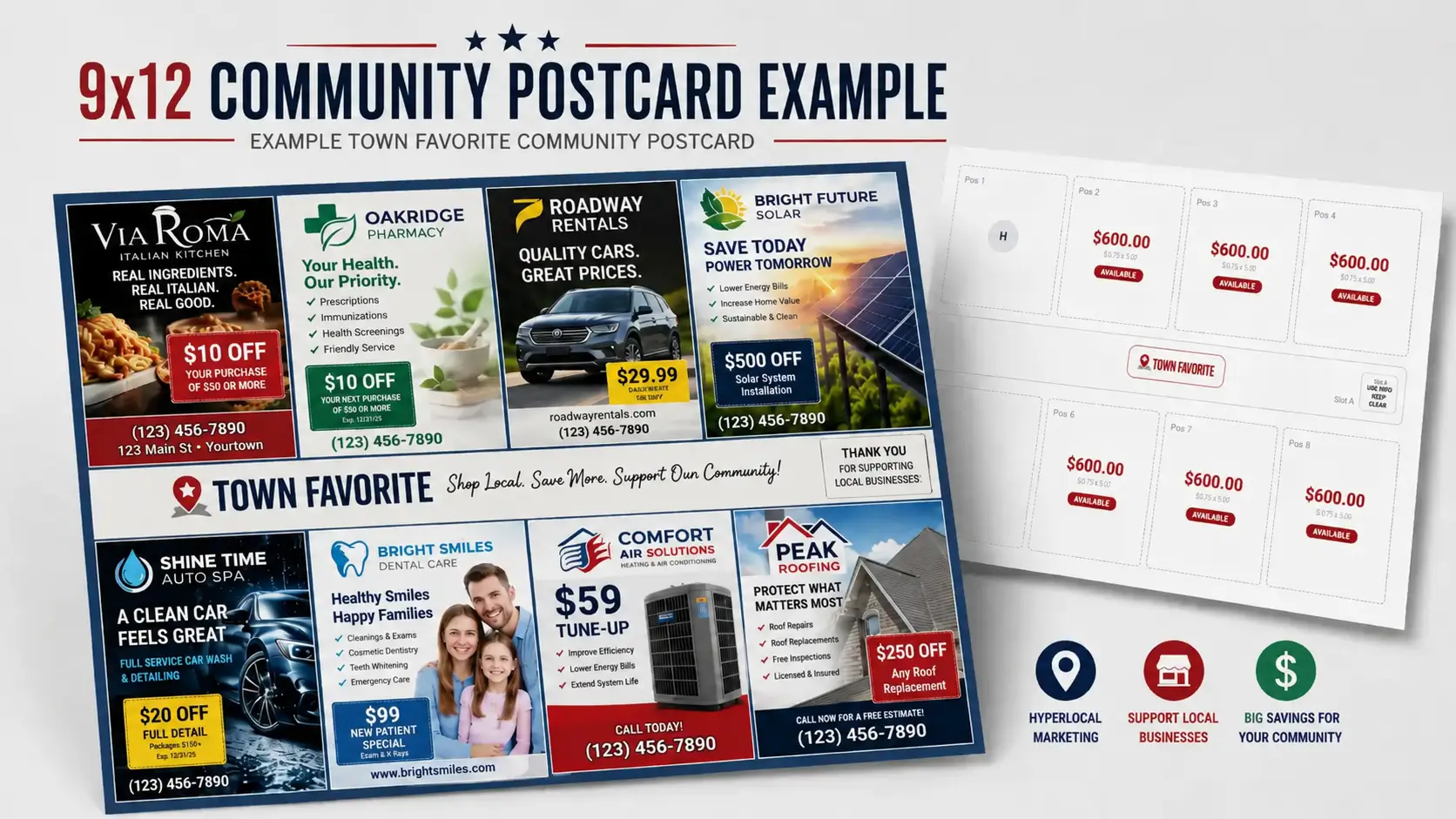 9x12 Community Postcard Example showing two rows of 4 local business ads each: Via Roma Italian Kitchen, Oakridge Pharmacy, Roadway Rentals, Bright Future Solar on top row, and Shine Time Auto Spa, Bright Smiles Dental Care, Comfort Air Solutions, Peak Roofing on bottom row, with TownFavorite branding in the center
